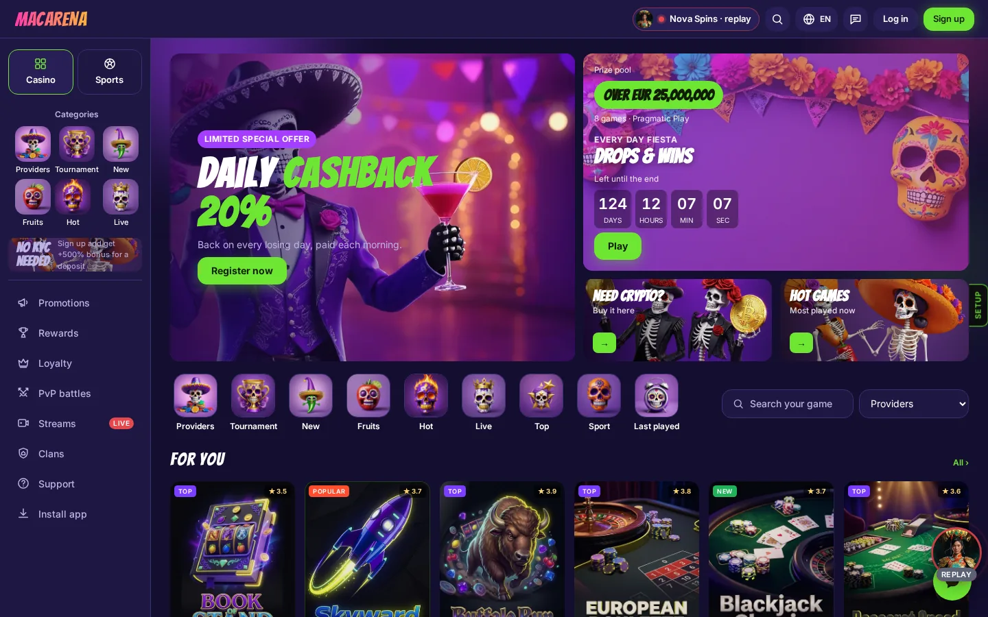 Macarena storefront: fiesta palette with daily bonuses